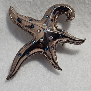 Rose Gold-Tone Starfish Brooch with Blue and Clear Crystal Accents